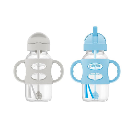 Dr. Brown's Milestones Wide-Neck Sippy Straw Bottle with 100% Silicone Handles and Weighted Straw, 9 oz/270 mL, Gray & Blue, 6m+, 2 Pack