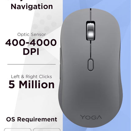 Lenovo Yoga Bluetooth Silent Mouse, 3 Level DPI Adjustment, 36 Month Battery Life, Bluetooth 5.3, 3 Device Paring, Whisper Quiet, Programmable Buttons, Smooth Finish, Luna Grey
