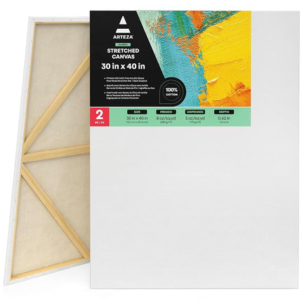 ARTEZA Stretched Canvas, 30 x 40 Inches, Pack of 2, Blank White Large Canvas for Painting for Acrylic, Oil and Gouache Paints