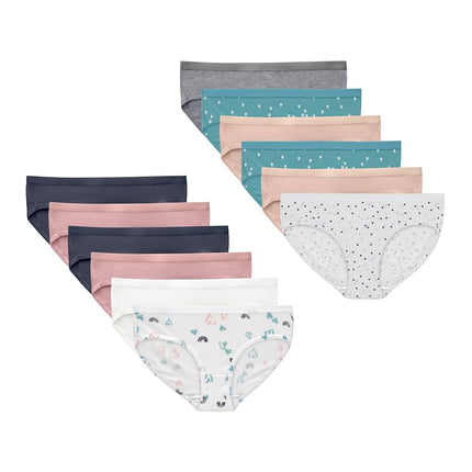 Hanes Ropa Interior de Niñas Tipo Calzón, Elásticas de Algodón, Colores Surtidos, Paquete de 12, Blanco, Morado, Azul, Gris, Estampado Floral, Estampado de Puntos, Estampado Tie-Dye, 12