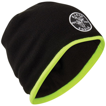 KLEIN TOOLS 60391 Knit Beanie, Thermal Fleece Winter Hat, Windproof, Fits Under Helmets, Black with High-Visibility Yellow Band Trim