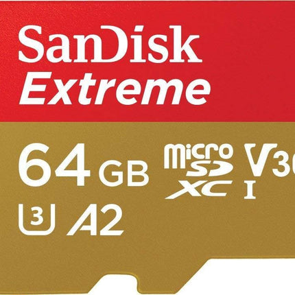 SanDisk Extreme 64 GB microSDXC Memory Card + SD Adapter with A2 App Performance + Rescue Pro Deluxe, Up to 160 MB/s, Class 10, UHS-I, U3, V30, Red/Gold