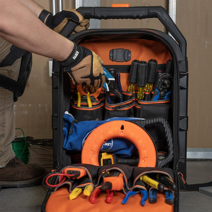 55604 Rolling Tool Backpack Tool Bag with 28 Pockets Heavy Duty Retractable Handle Large Tool Storage Interior 3-Inch Wheels