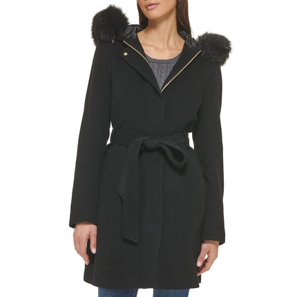 Cole Haan Womens Hooded Coat Slick Wool With Detatchable Faux Fur TrimDown Coat, Black, 14