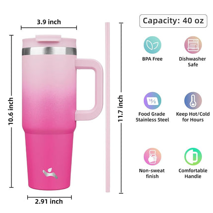 Gobelet Konokyo 40 oz avec poignée et 2 pailles, bouteille d'eau isotherme avec couvercle 2 en 1 en acier inoxydable, mug de voyage, fleurs de cerisier
