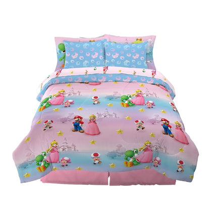 Franco Super Mario Girl Princess Peach Girl Gamer Kids Bedding Super Soft Comforter and Sheet Set with Sham, 7 Piece Full Size, (Official Licensed Product)