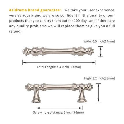 Asidrama 10 Pack 3 Inch(76mm) Brushed Satin Nickel Kitchen Cabinet Handles, Cabinet Pulls Kitchen Cabinet Hardware for Cupboard Drawer Pulls