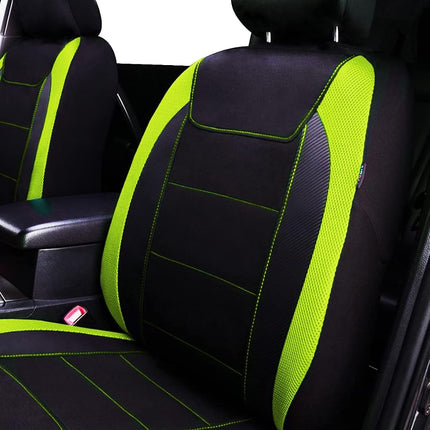 Flying Banner car seat Covers Quality Carbon Fiber Air Mesh Fabric Sport Low High Back Bucket Back Pocket Arm Rest (2 Fronts - Low Bucket, Green)