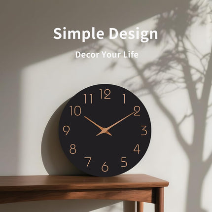 Mosewa Wall Clock 14 Inch Black Battery Operated Silent Non-Ticking - Simple Minimalist Rose Gold Numbers Clock Decorative for Bedroom,Living Room, Kitchen,Home,Office(14" Black)