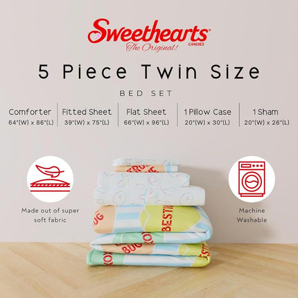 Sweethearts Original Candy Hearts Bedding 5 Piece Twin Bed Set, Soft Cozy Nostalgia Reversible Comforter and Sheet Set with Sham, Officially Licensed Product by Franco