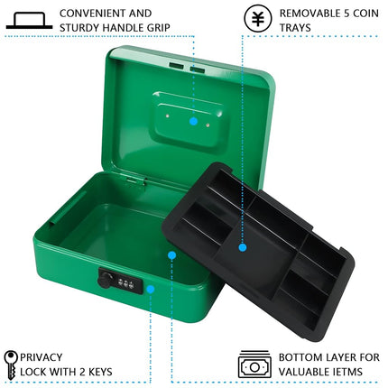 KYODOLED Large Cash Box with Combination Lock,Safe Metal Box for Money, Storage Lock Box with Money Tray,9.84"x 7.87"x 3.54" Green Large