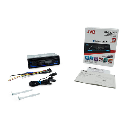 Autoestéreo JVC KD-SX27BT con Bluetooth, receptor de medios digital de 100 W, USB de 1.5 A para cargar dispositivos, unidad principal de un solo DIN, AM/FM, entrada auxiliar, aplicación remota JVC