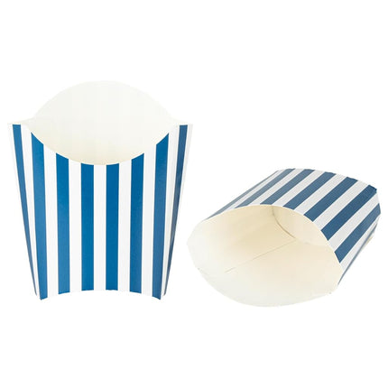 Bio Tek 3.9 x 2.6 x 3.5 Inch French Fry Cup, 100 Disposable Snack Cups - Stackable, Sustainable, Blue and White 2 Ounce Paper Fry Holder, for Fries, Onion Rings, Popcorn, or Cookies - Restaurantware