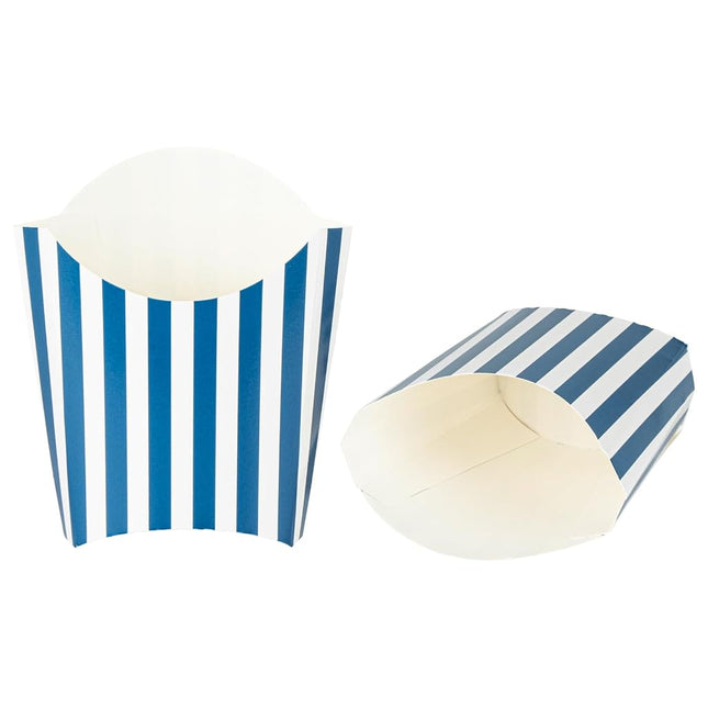 Bio Tek 3.9 x 2.6 x 3.5 Inch French Fry Cup, 100 Disposable Snack Cups - Stackable, Sustainable, Blue and White 2 Ounce Paper Fry Holder, for Fries, Onion Rings, Popcorn, or Cookies - Restaurantware