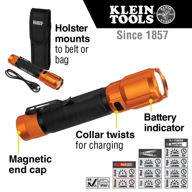Rechargeable 2-Color LED Flashlight, Holster, Spotlight, Floodlight, Red LED, 1000 Lumens, USB Cable, Camping, Hunting Klein Tools 56413
