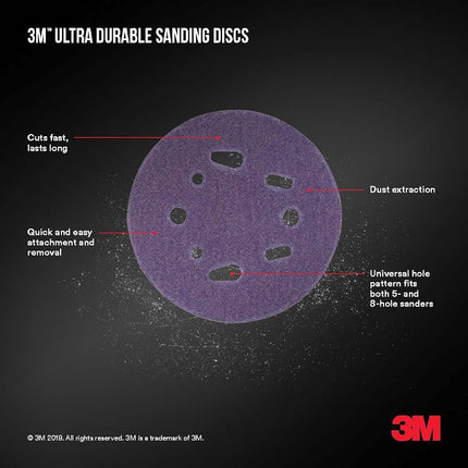 3M Ultra Durable 5 inch Power Sanding Discs, Universal Hole, 60 Grit, 10/Pack
