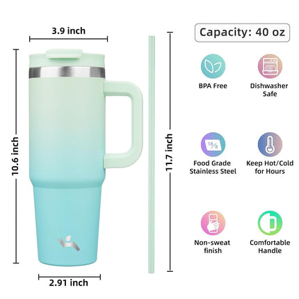 Vaso Konokyo de 40 oz con Asa y 2 Pajitas, Botella de Agua Aislada con Tapa 2 en 1 de Acero Inoxidable, Taza de Café de Viaje, Menta