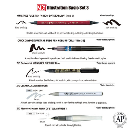 Kuretake Zig INKTOBER special set, Illustration Basic Set, Marking pen (5 pcs), Brush pens and glitter pen, Made in Japan