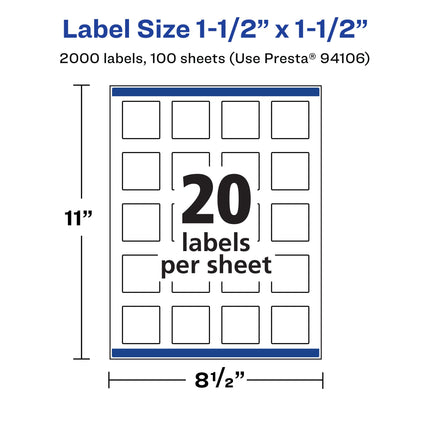 Avery Matte White Square Labels with Sure Feed, 1.5" x 1.5", 2,000 Matte White Printable Labels