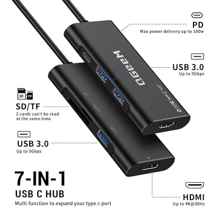 QGeeM USB-C 7-in-1 Dongle with 100W PD, 3X USB 3.0, SD/TF Card Reader, Compatible with MacBook, iPad, Dell XPS & More - Black