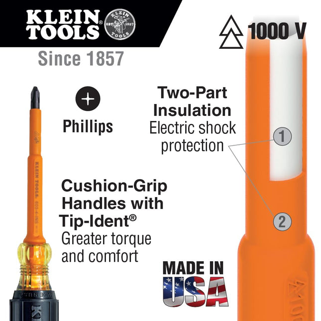 Klein Tools 603-4-INS Insulated Screwdriver, #2 Phillips Tip, 4-Inch, Made in USA