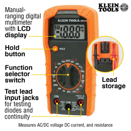 Klein MM300 Manual-Ranging Digital Multi Meter, 600 V, Orange