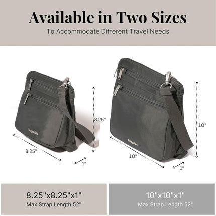 Baggallini Securtex Anti-Theft Crossbody 8.25" Small / 10" Large Travel Purse with RFID Card Slots & Cut-Resistant Strap, Charcoal, Small 8.25"w x 8.25"h