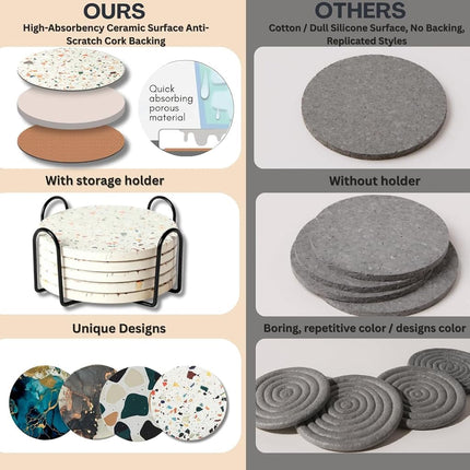 Absorbent Coaster Set of 6 with Holder, Drink Coasters for Coffee Table, Kitchen, Home Decor, Cute Ceramic Round Coasters, Alternative to Silicone, Cork or Glass Coaster (Mosaic with Black Holder)