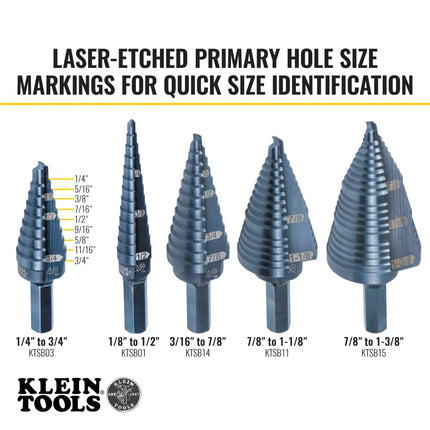 Klein Tools KTSB03 Step Drill Bit Double Fluted 3, 1/4 to 3/4-Inch with Easy-to-Read Markings and Targets, 3/8-Inch Hex Shank , Black