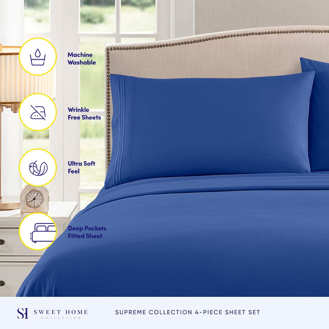 Juego de sábanas Full Size - Sábanas de lujo transpirables con elástico completo y correas seguras en las esquinas incorporadas - Colección Supreme 1800 Juego de ropa de cama extrasuave con bolsillo profundo, Juego de sábanas, Full, Azul Real
