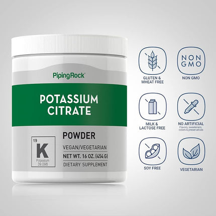 Potassium Citrate Powder | 16 oz | Vegan, Vegetarian, Non-GMO, Gluten Free Supplement | by Piping Rock