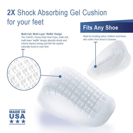 Tuli's Heavy Duty Gel Heel Cup, TuliGEL Shock Absorption Cushion Insert for Plantar Fasciitis, Sever's Disease and Heel Pain Relief, Large