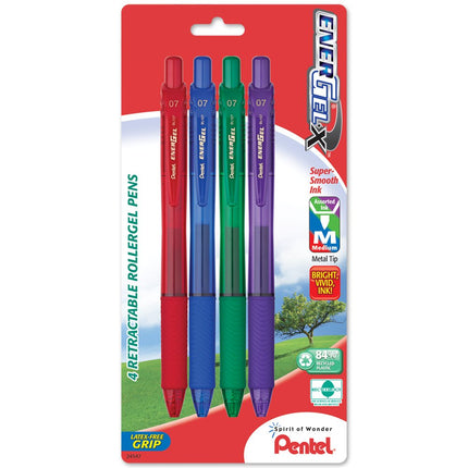 Pentel EnerGel-X Retractable Liquid Gel Pen, 0.7mm, Medium Line, Metal Tip, 4 Pack (BL107BP4M1), Assorted