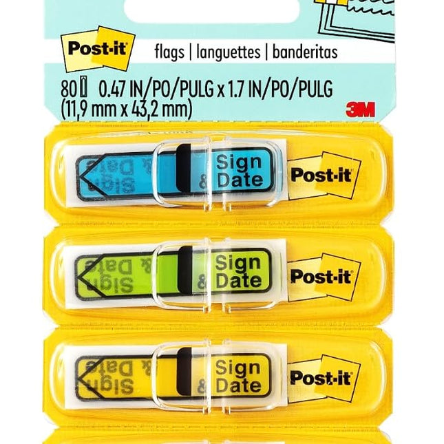 Post-it Message Flags, Sign and Date, 30/Dispenser, 4 Dispensers/Pack.47 in Wide, Assorted Colors (684-SD)