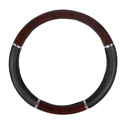 Housse de volant de voiture BDK motif grain de bois foncé, standard 15 pouces avec poignée en similicuir noir, conçue pour la plupart des voitures, camions, camionnettes et VUS