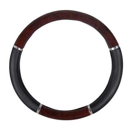 BDK Dark Wood Grain Car Steering Wheel Cover, Standard 15 inch with Black Faux Leather Grip, Made to Fit Most Auto Truck Van SUV