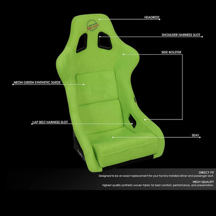 NRG Innovations NRG-FRP-302NG-PRISMA Universal Fixed Back Bucket Racing Seat for 6-Point Harnesses, Size L, Green Cover, 24" W X 36" H X 18" D