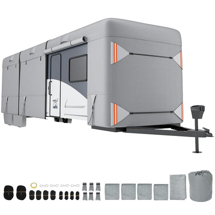 24-27ft Rv Cover, Upgraded Windproof Waterproof Camper Cover, Heavy Duty Travel Trailer Cover with Gutter Cover, Tire Cover, Reflective Strip, Rich Accessories