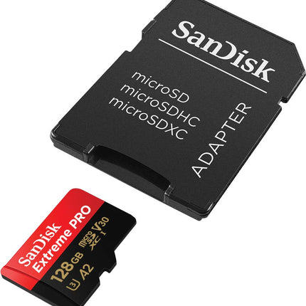 SanDisk 128GB Extreme PRO microSDXC card + SD adapter + RescuePro Deluxe, up to 200 MB/s, with A2 App Performance, for smartphones, action cameras or drones UHS-I Class 10 U3 V30
