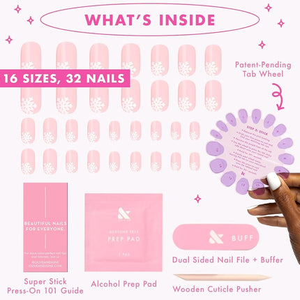 Olive & June Classic Super Stick Mani Press On Nails | Short Squoval | No Glue Needed | 32 Tab Nails in 16 Sizes | Non-Toxic Tabs Easy On-Off Non-Damaging Realest Look | 7-Day Wear | Large Snowflakes