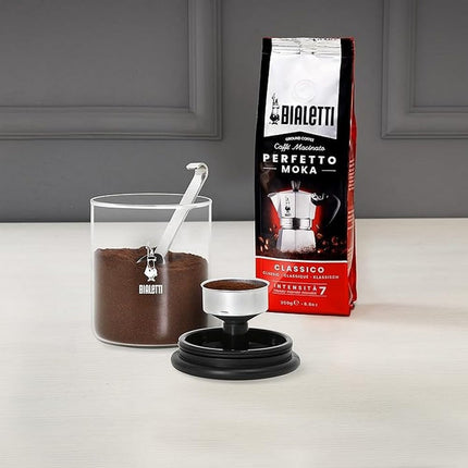 Bialetti Smart Coffee Jar, 250g Capacity – Made in Glass to Preserve Coffee Aroma – Airtight Seal, Stainless Steel Coffee Scoop, Holder for Bialetti Moka Funnel