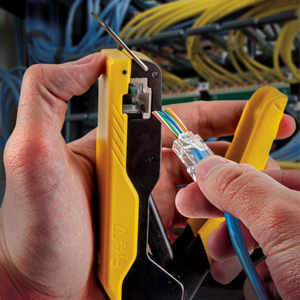 Klein Tools VDV026-813 RJ45 Ethernet Cable Tester and Crimper Kit, Pass-Thru Technology, Includes Connectors for Cat5e / CAT6 Data Applications, Pack of 50