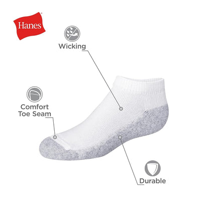 Chaussettes Garçon Hanes, Lot de 12 paires, modèle cheville renforcée Double Tough et socquettes invisibles, Socquettes invisibles - Blanc/Gris (dessous) - Lot de 12, S