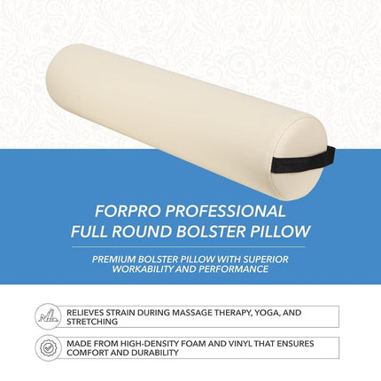 ForPro Full Round Bolster Pillow, Crème, Oil and Stain-Resistant, for Massage and Yoga, 6” R x 26” L
