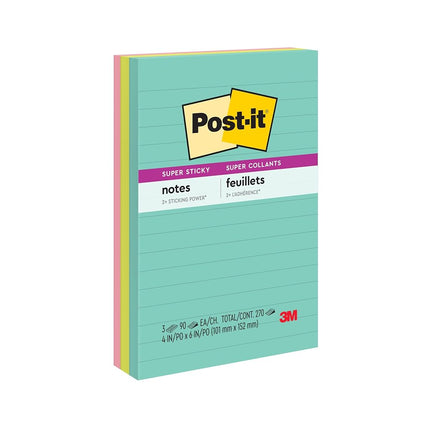 Post-it Super Sticky Lined Notes, 3 Sticky Note Pads, 4 x 6 in., School Supplies for Students, Ideal for Textbooks, Notebooks, Walls and Vertical Surfaces, Supernova Neons Collection