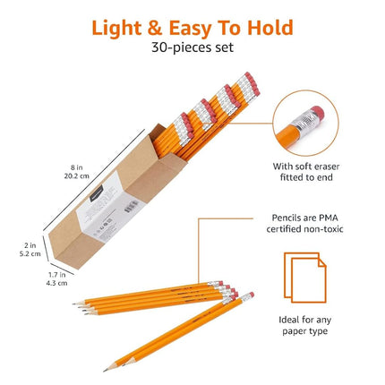 Amazon Basics Wood Cased Graphite #2 HB Pencils, presharpened, no smudge eraser tip, school, Pack of 30