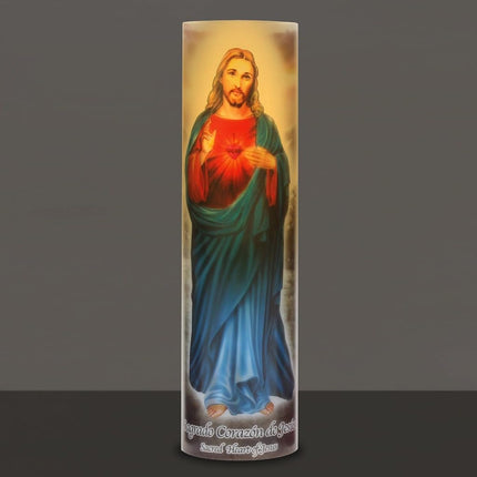 Stonebriar LED Saint Prayer Candle — Automatic Timer, Flameless Candle for Prayer, Memorials & Religious Décor, Jesus, 8"