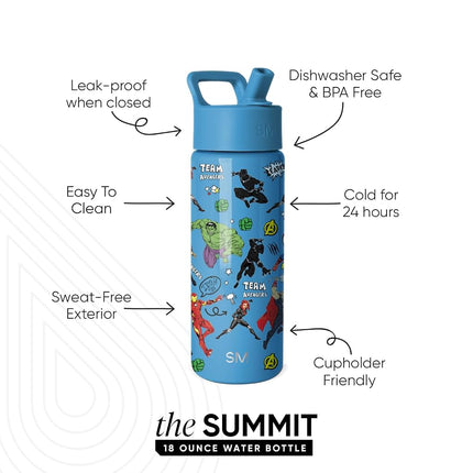 Simple Modern Kids Summit Water Bottle with Straw Lid | Marvel Avengers 18oz Stainless Steel Cup Insulated Tumbler for Boys, School | Avengers Heroes