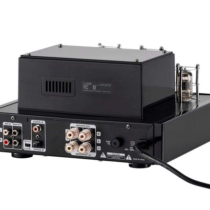 Monoprice 138360 25 Watt Stereo Hybrid Tube Amplifier 2019 Edition with Bluetooth Optical Coaxial and USB Inputs and Subwoofer Out