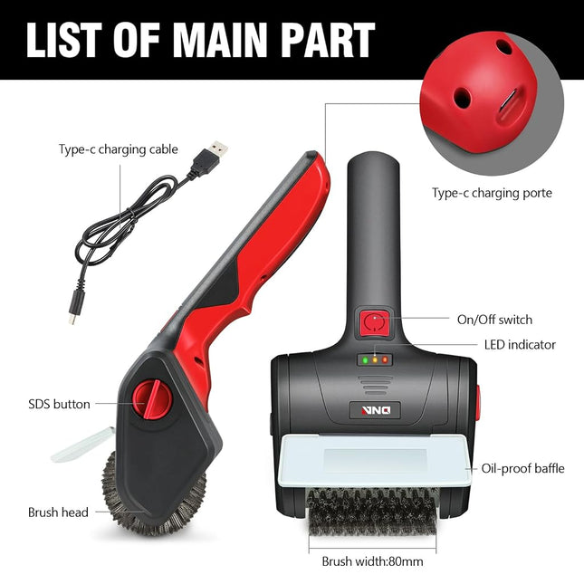 DNA MOTORING Cordless Electric Grill Cleaning Scrub Brush Rechargeable with Type-C Charge Cord,Red/Black, TOOLS-00219-RD